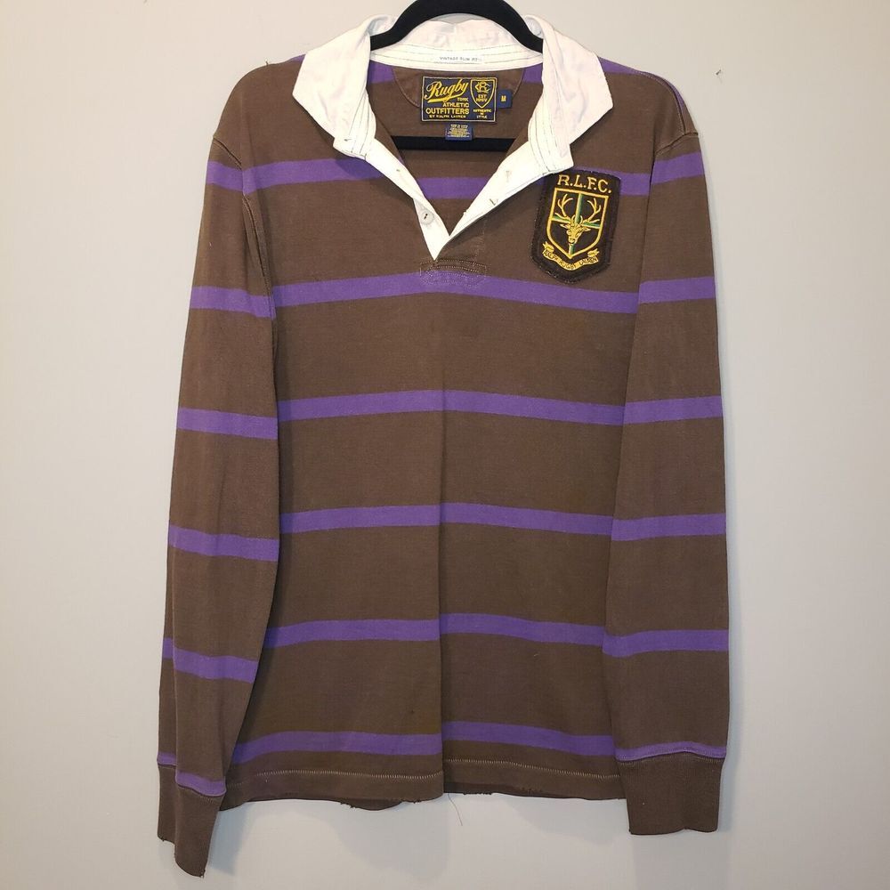Ralph Lauren Brown Rugby Polo with Purple Stripes and White Collar